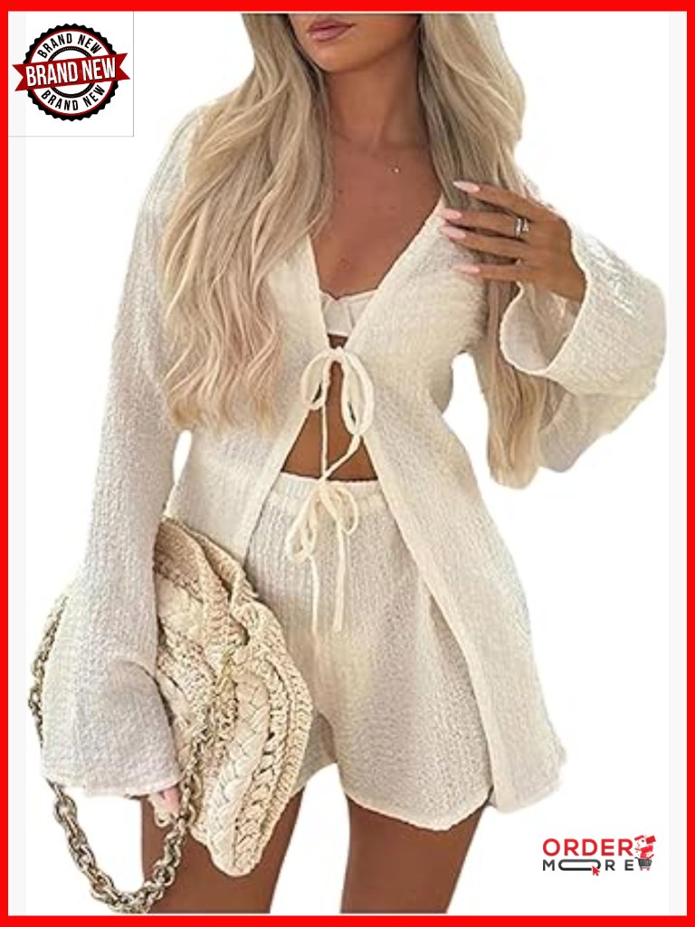 Long Sleeve Tie Front Top & Linen Shorts Set 2 Piece
